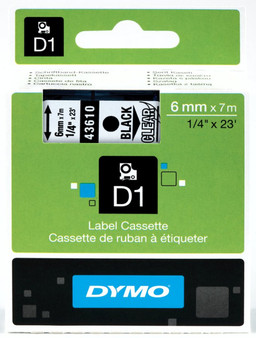 Dymo LabelManager D1 Tape 43610 6MM X 7M Black on Clear S0720770