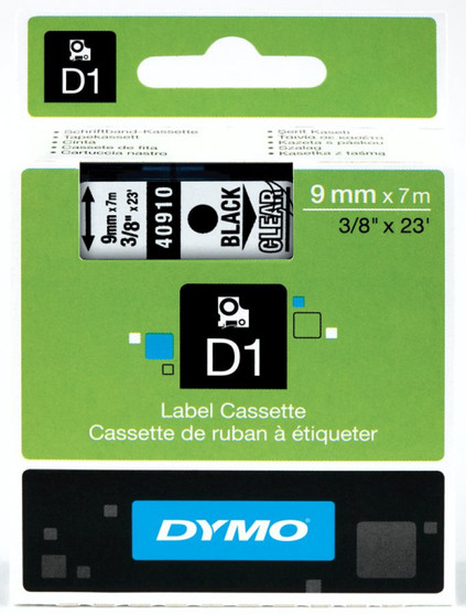 Dymo LabelManager D1 Tape 40910 9MM X 7M Black on Clear S0720670