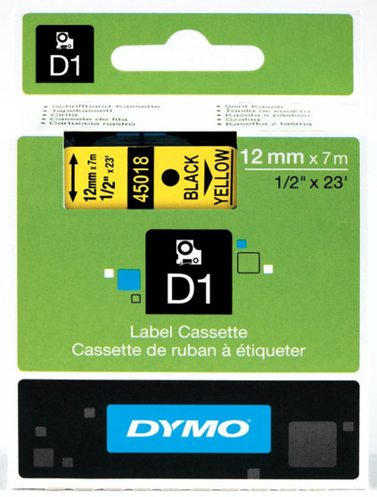 Dymo LabelManager D1 Tape 45018 12MM X 7M Black on Yellow S0720580