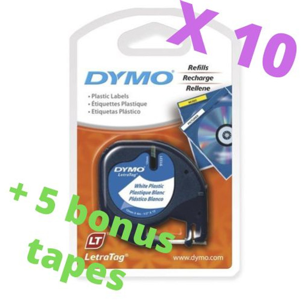 Dymo LetraTag Tape AMAZING BULK PACK - SD91201 / 91331 - 10 Pack - 12MM X 4M White Plastic - PLUS 5 BONUS TAPES FREE