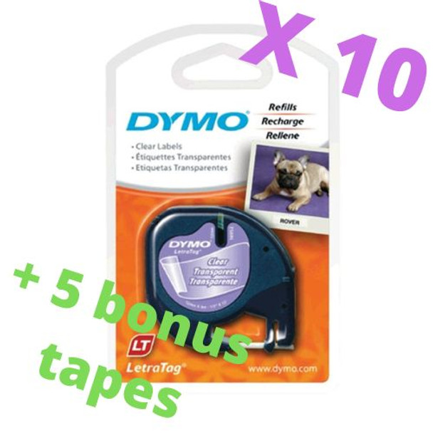 Dymo LetraTag Tape AMAZING BULK PACK - 16952 / SD12267 - 10 Pack - 12MM X 4M Clear Plastic - PLUS 5 BONUS TAPES FREE