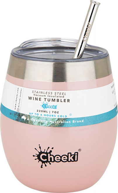 Cheeki Insulated Wine Tumbler Pink Champagne with Stainless Steel Straw 220ml