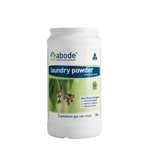 Abode Cleaning Products Abode Laundry Powder Front Top Blue Mallee Eucalyptus 1kg