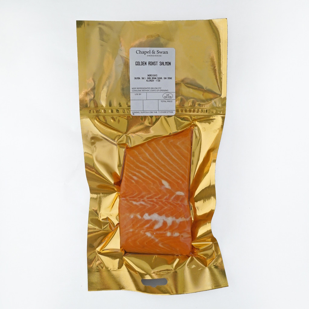 Portion of hot smoked salmon in vac pack