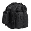 Angled front-left view showing the depth of the compartments and attached MOLLE water bottle pouch.