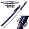 BladesUSA 3-Piece Sword Set with Display Stand: Japanese Inscriptions and Blue Wood Scabbard Ensemble