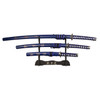 BladesUSA 3-Piece Sword Set with Display Stand: Japanese Inscriptions and Blue Wood Scabbard Ensemble