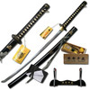 Ten Ryu Hand-Forged Samurai Sword with Devil Stamp on Blade, Black Leather Wrapped Handle with Real Ray Skin, and Black Scabbard with Gray Strap