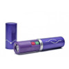 Metallic purple Cheetah CH-18PL lipstick-style rechargeable stun gun opened to display hidden activation controls and integrated LED flashlight.