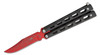 Bear & Son Butterfly Knife 3.15" Red Widow Clip Point Blade, Black Coated Metal Handles, Latch Lock