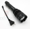 Close-up angled view of the black Cheetah Shield CH-45BK stun gun flashlight with integrated pocket clip and charging cord.