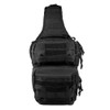 Front view of VISM Subcompact Sling Bag in Black showing dual compartments and MOLLE webbing