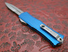 Microtech Hera II Mini OTF Automatic Knife Stonewashed Double Edge Bayonet Blade, Blue Deep Engraved Aluminum Handle