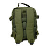 OD green tactical backpack with MOLLE webbing, hook-and-loop patch area, compression straps, and padded shoulder harness. Shown from multiple angles including front, side, and laid-flat views.