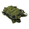 OD green tactical backpack with MOLLE webbing, hook-and-loop patch area, compression straps, and padded shoulder harness. Shown from multiple angles including front, side, and laid-flat views.