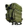 OD green tactical backpack with MOLLE webbing, hook-and-loop patch area, compression straps, and padded shoulder harness. Shown from multiple angles including front, side, and laid-flat views.