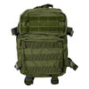 OD green tactical backpack with MOLLE webbing, hook-and-loop patch area, compression straps, and padded shoulder harness. Shown from multiple angles including front, side, and laid-flat views.