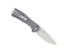 Side view of the Buck Mini Range Pro partially open with gray handle, satin blade, and pocket clip visible.