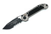 Close-up of Microtech LUDT Gen III Tanto knife showing black partial serrated blade and natural clear handle.