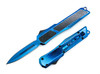 Cobalt Phantom OTF Automatic Knife open and closed, blue titanium finish with carbon fiber inlays