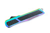 Close-up of rainbow titanium handle with carbon fiber inlays on Nebula Strike OTF