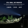 Night scene showing 1,300-lumen beam of Olight Baton 4 illuminating distant landscape