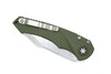 Heretic Mini Pariah AUTO knife closed with stainless clip displayed on OD Green Gator Grip handle.