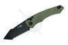 Heretic Mini Pariah AUTO – black serrated tanto blade with OD green handle – open, right side view showing pocket clip.