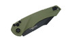 Heretic Mini Pariah AUTO knife with black full-serrated MagnaCut tanto blade and OD green Gator Grip handle – open, left side view.