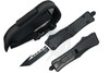 Stealth Vector carbon fiber OTF knife with two-tone American Tanto blade displayed next to black nylon sheath.