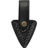 Black leather belt sheath for Black Widow Damascus push dagger – buttoned view