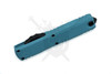 Closed view highlighting the cyan Cerakote handle, black hardware, and