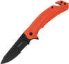 Kershaw Barricade 8650ST assisted rescue knife open, featuring a black combo edge clip point blade and bright orange glass-filled nylon handle on white background.