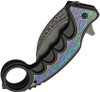Top view of Rite Edge karambit highlighting curved 3Cr13 stainless steel blade, finger ring design, and decorative spectrum onlay.