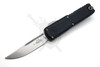 Microtech UTX-85 Gen IV OTF automatic knife with stonewashed M390MK drop point blade and black aluminum handle displayed open.