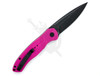 Top view of CobraTec Diablo automatic knife open, highlighting blade spine, internal liners, and pink G-10 handle scales