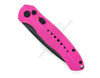 CobraTec Diablo automatic knife closed, featuring bright pink G-10 handle, safety switch, and side button opener