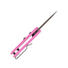 Top-down spine view of CobraTec Pink Stinger automatic knife showing blade thickness and internal construction