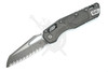 Microtech MSI RAM-LOK folding knife open showing full serrated Apocalyptic M390MK blade and Natural Clear Frag aluminum handles