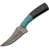 Damascus trailing point fixed blade knife with turquoise resin and buffalo horn handle