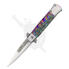 Front view of open folding knife highlighting skull-pattern blade detail and spring assisted flipper tab