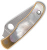 Spyderco Bug micro slipjoint knife closed, highlighting polished nickel silver scales and iridescent abalone inlay detail.
