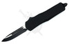 Armed Force Tactical OTF automatic knife with black handle and black and silver stainless steel blade deployed on white background