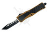 Armed Force Tactical brown OTF automatic knife open, showing two-tone tanto blade and faux carbon fiber handle inserts
