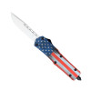 CobraTec Medium FS-3 OTF Automatic Knife with Cerakote American Flag handle and 3-inch D2 drop point plain edge blade deployed.