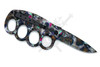 Back Side handle view of skull patterned knuckle style grip with open blade
