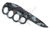 Snow camo assisted opening knife shown open from the clip side, blade extended, black pocket clip visible on white background