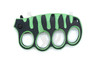 Closed front view of black and green drip knuckle style handle