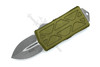 Microtech Exocet 157-10APOD OTF automatic knife with OD green aluminum handle and double edge apocalyptic M390 blade deployed.