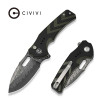 CIVIVI Vexron knife shown open and closed, Damascus drop point blade, black and green chevron G10 handle
